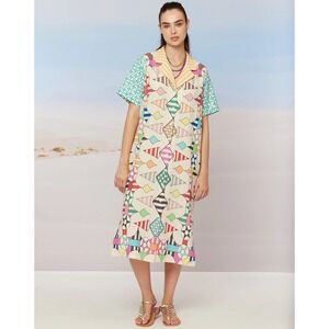 Me369 Charlotte Linen Viscose Shirt Dress Midi Geometric Print Medium